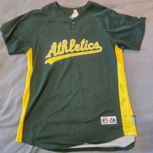 Majestic Mens Athletics Baseball Jersey Green Yellow Cool Base Size Sm vintage